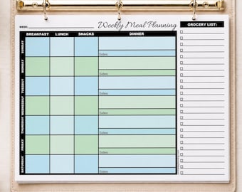 Blue Green Weekly Meal Planner Printable, Grocery Checklist, 7 Day Menu PDF