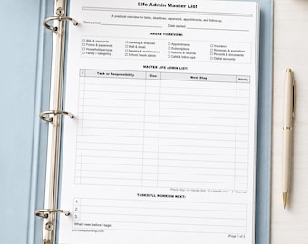Life Admin Printable, Master List and Follow-Up Tracker 2-Page PDF, Instant Download