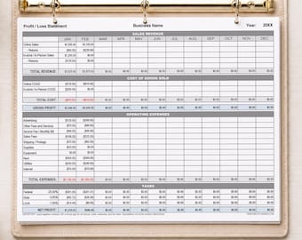 Printable Profit Loss Statement, Auto-Calculating Totals, interactive for small business and eCommerce - Editable 2-Page PDF Download