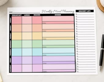 Rainbow Weekly Meal Planner Printable, Grocery Checklist, 7 Day Menu Planning PDF