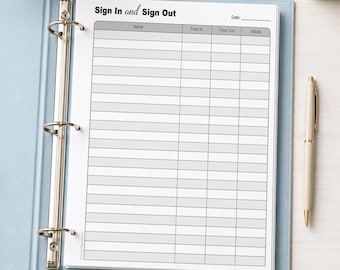 Printable Sign In Sign Out Sheet, time in time out guest or visitor list - PDF Instant Download