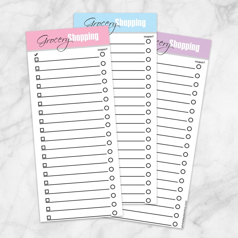 May include: Three printable grocery shopping lists with checkboxes and circles for marking items. The lists are on pink, blue, and purple paper and have the text "Grocery Shopping" at the top.