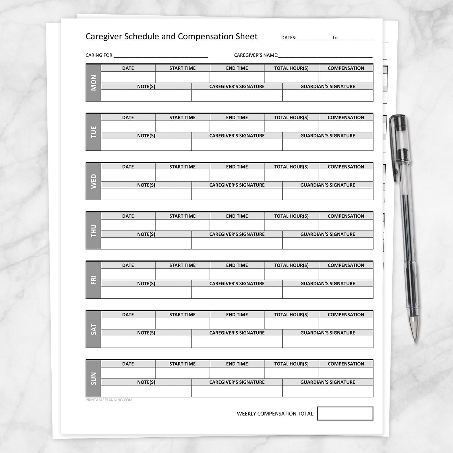 Printable Caregiver Schedule and Compensation Sheet, Weekly PDF Instant
