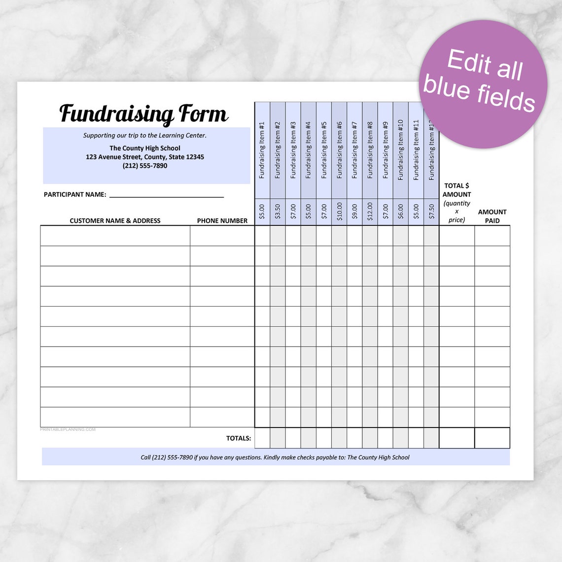 Printable Fundraising Form Order Tracking Page 12 Item Columns With Printable Fundraising Form Order Tracking Page 12 Item Columns With