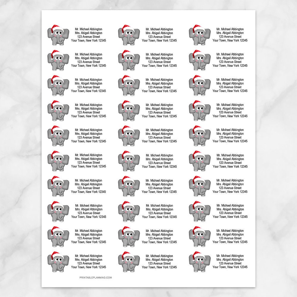 Printable Elephant Address Labels, Christmas Santa Hat, Personalized ...