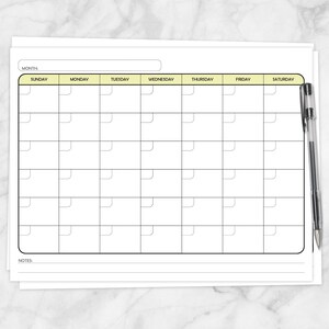 Printable Yellow Blank Calendar, Monthly Full Pages PDF - Yellow colored days of the week - Instant Download