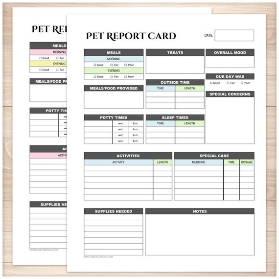 printable pet report card bundle daily care sheet etsy
