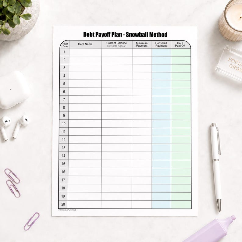 Pu&ograve; includere: Un foglio di pianificazione per il rimborso dei debiti con il titolo Debt Payoff Plan - Snowball Method. La griglia presenta colonne per l'ordine di rimborso, il nome del debito, il saldo, il pagamento minimo, il pagamento in azzurro e la data.