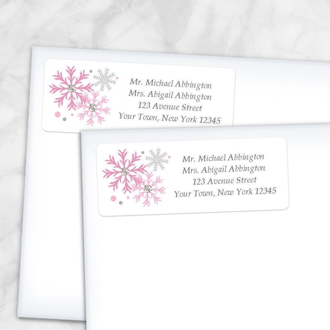 Printable Pink Snowflake Address Labels Winter, Pink Gray ...
