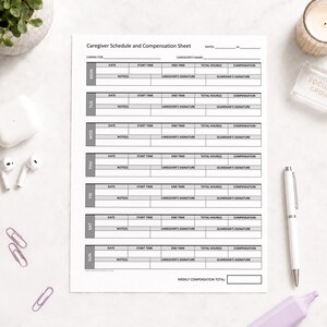 May include: A white paper Caregiver Schedule and Compensation Sheet with black text and grid lines. The document includes sections for dates, caregiver name, and daily logs for Monday through Sunday, featuring columns for time, hours, and compensation.