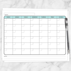 Printable Teal Blank Calendar, Monthly Full Pages PDF - Teal colored days of the week - Instant Download