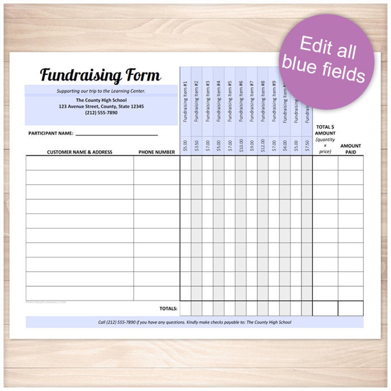 Printable Fundraising Form Order Tracking Page 12 Item Etsy