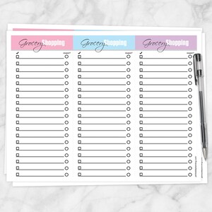 May include: A printable grocery shopping list with three columns. Each column has a pink, blue, or purple header with the text "Grocery Shopping" and a checkmark. Each column has 25 lines with a box to check off items and a circle to mark if a coupon was used.