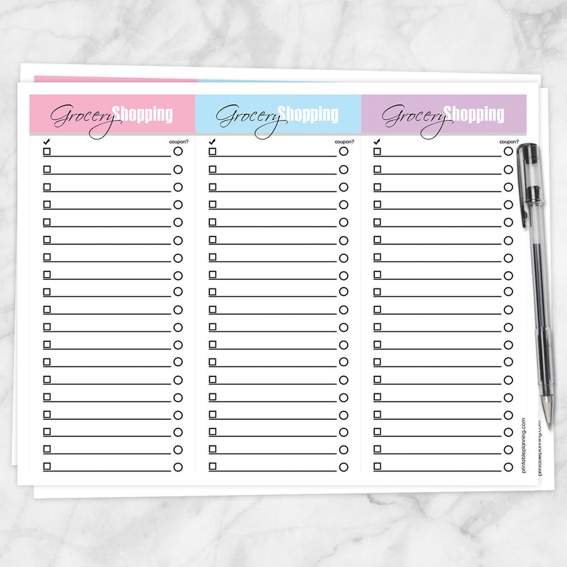 May include: A printable grocery shopping list with three columns. Each column has a pink, blue, or purple header with the text "Grocery Shopping" and a checkmark. Each column has 25 lines with a box to check off items and a circle to mark if a coupon was used.