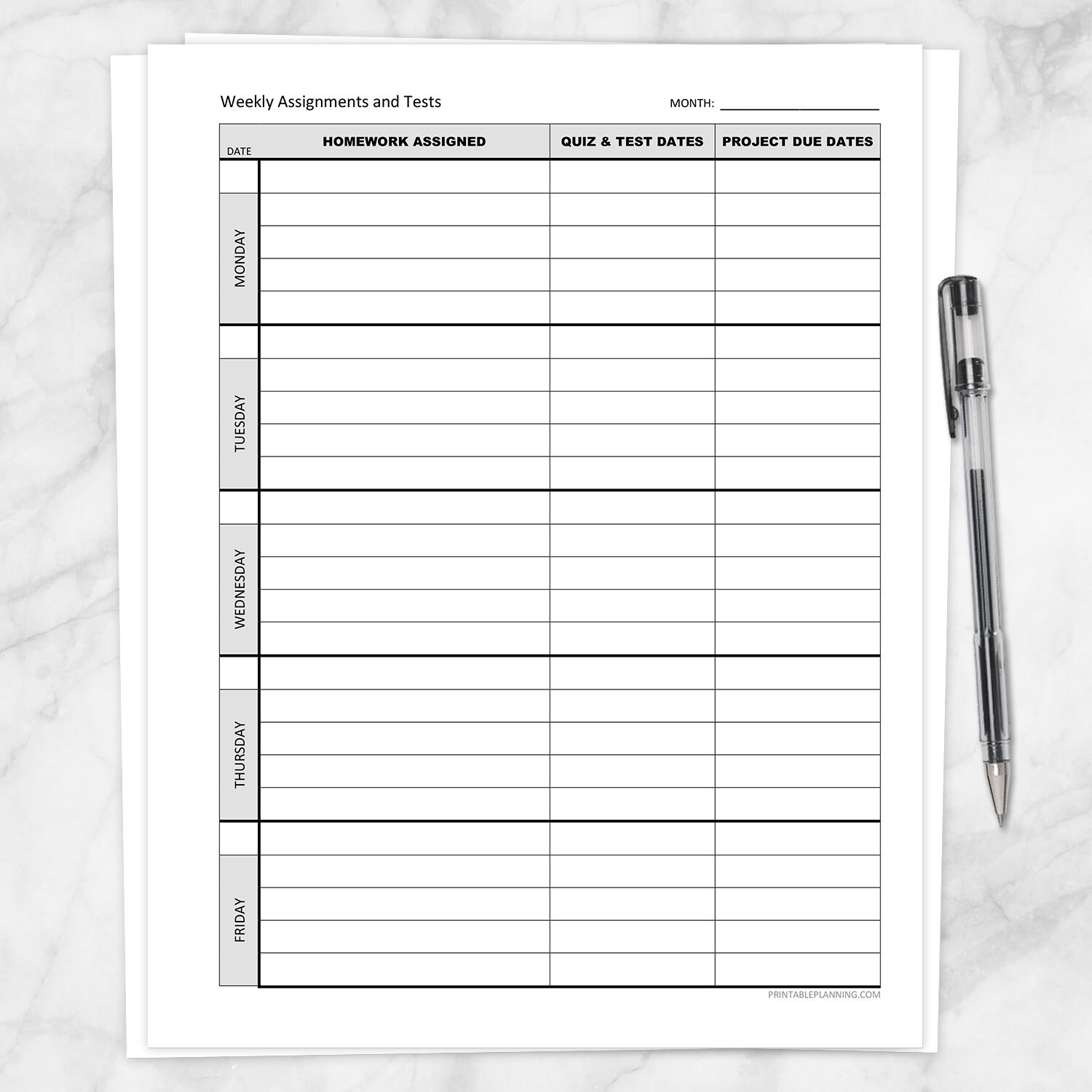 Printable Weekly School Assignments Sheet - Homework Assigned, Test and Quiz Dates, Projects Due, 2 Page PDF Front Back - Instant Download - Etsy for Free Printable Homework Assignment Sheets
