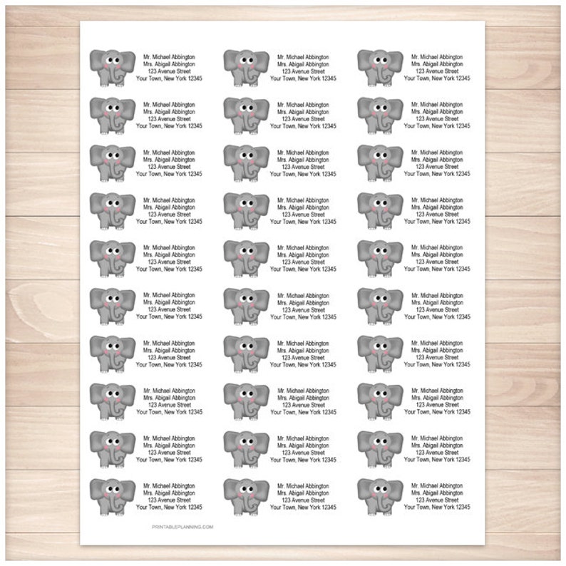 Printable Elephant Address Labels Adorable Gray Elephant Etsy