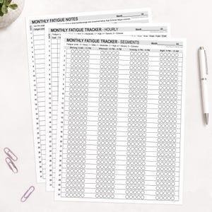 Peut inclure: Trois feuilles de papier blanc avec des grilles imprimées en noir pour le suivi de la fatigue. Les feuilles sont intitulées Monthly Fatigue Notes, Monthly Fatigue Tracker - Hourly et Monthly Fatigue Tracker - Segments, avec des lignes pour les dates 1 à 31.