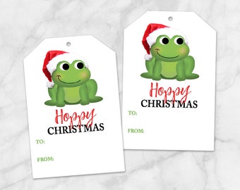 Printable Frog Gift Tags, cute Santa hat frog Hoppy Christmas DIY gift tags - Instant Download