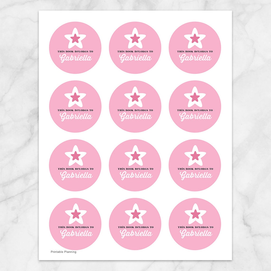 Printable Pink Bookplate Stickers, Personalized Star Design, Editable PDF 2" Round Stickers ...