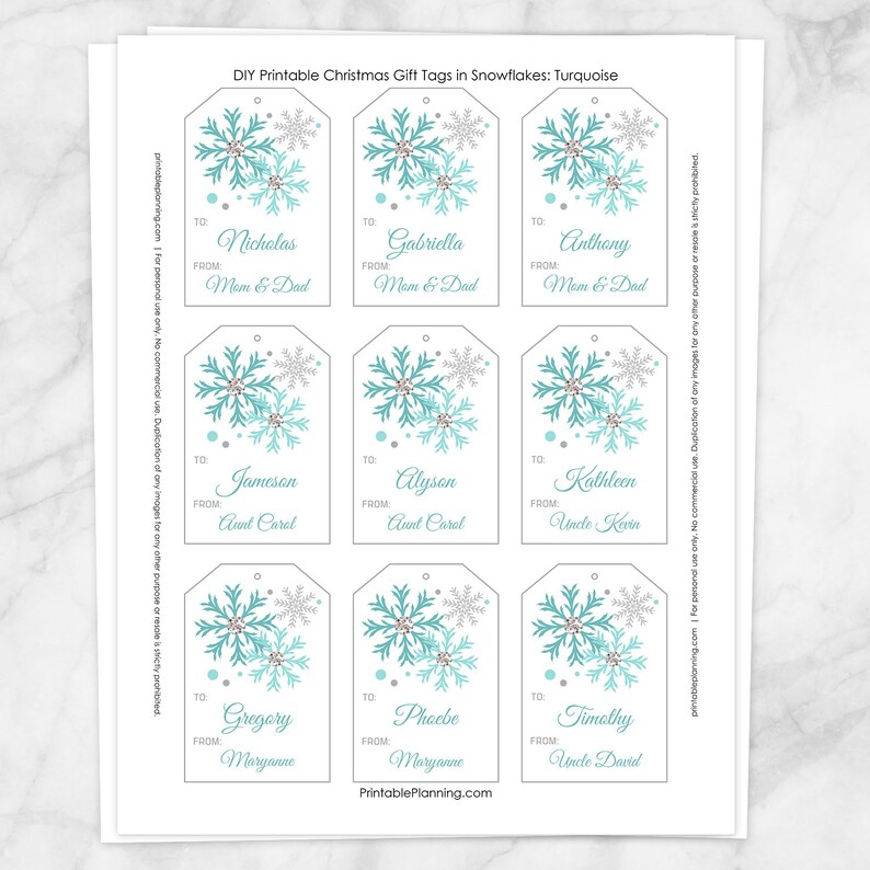 Printable Snowflake Gift Tags in Turquoise, Personalize the Names, Editable PDF Instant Download ...
