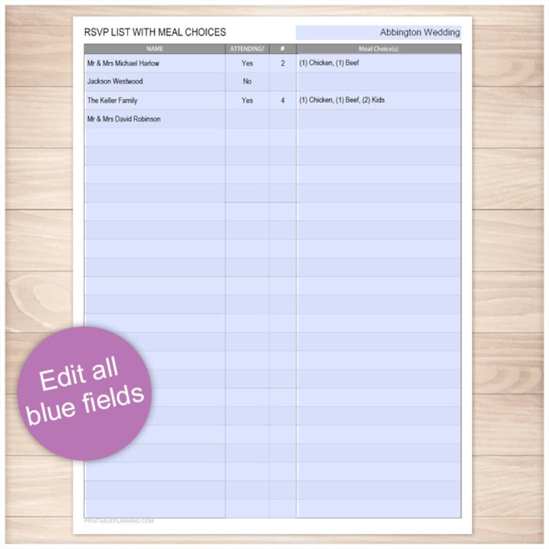 Printable RSVP List with Meal Choices editable guest list | Etsy