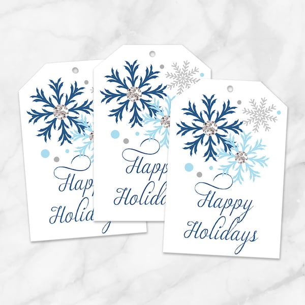 Printable Happy Holidays Gift Tags, Snowflakes in Blue - Instant Download
