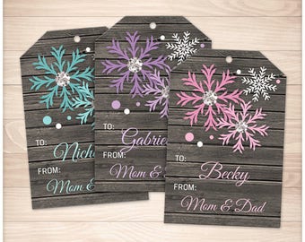 Printable Rustic Snowflake Gift Tags - Personalized - 3 colors - Turquoise Purple Pink on Brown Wood - Personalize the Names - Editable PDF