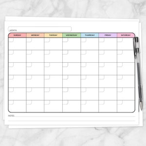 Printable Rainbow Blank Calendar, Monthly Full Pages PDF - Multicolored days of the week - Instant Download