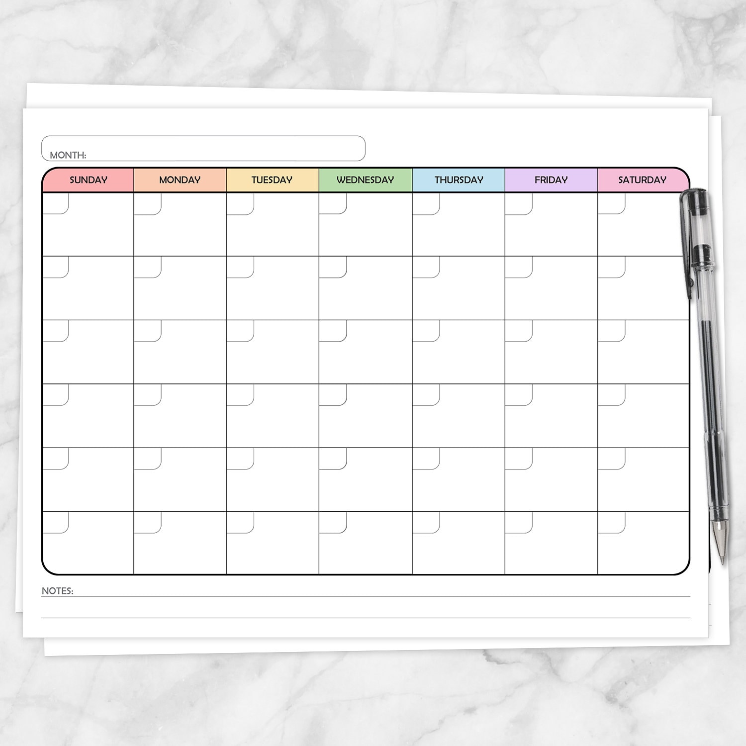 Printable Rainbow Blank Calendar, Monthly Full Pages PDF - Multicolored ...