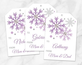 Printable Snowflake Gift Tags in Purple, Personalize the Names, Editable PDF - Instant Download