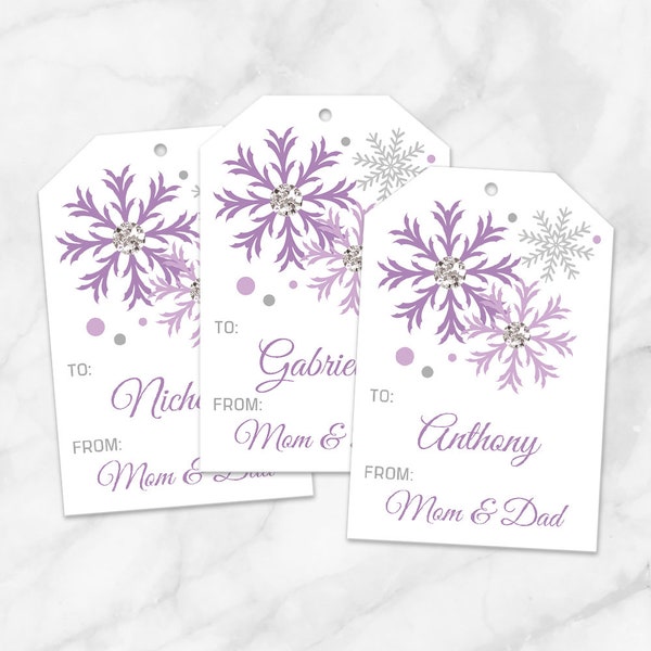 Printable Snowflake Gift Tags in Purple, Personalize the Names, Editable PDF - Instant Download