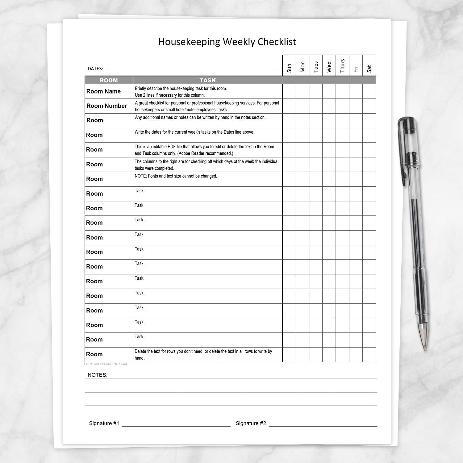 Printable Housekeeping Weekly Checklist Editable Pdf Personal Housekeeper Or Small Hotel Motel