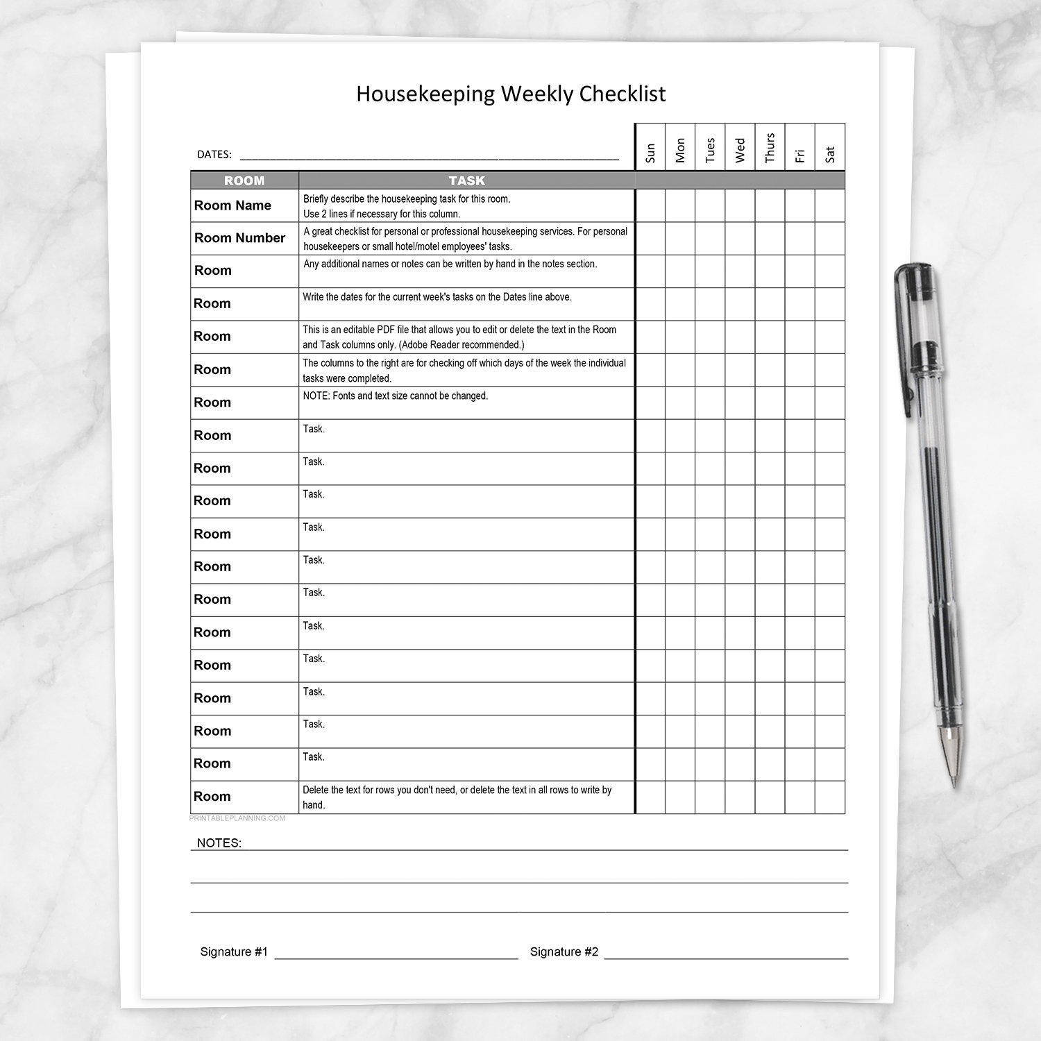 Printable Housekeeping Weekly Checklist Editable Pdf Personal Housekeeper Or Small Hotel Motel