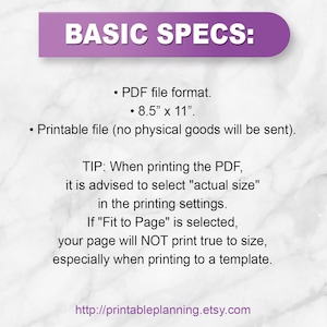 Pu&ograve; includere: Un documento digitale con l'intestazione BASIC SPECS: in un banner viola. Elenca il formato file PDF, le dimensioni di 21,59 cm x 27,94 cm e lo stato di file stampabile. Include suggerimenti per la stampa e un URL in fondo.