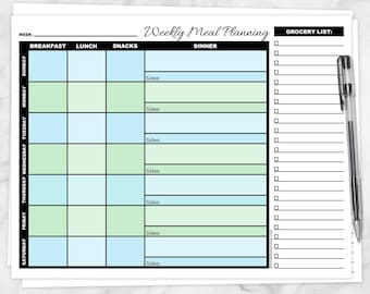 Printable Weekly Meal Planning Page with Grocery List, Blue Green Meal Planner - Instant Download