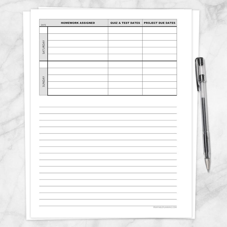 Printable Weekly School Assignments Sheet - Homework Assigned, Test and ...