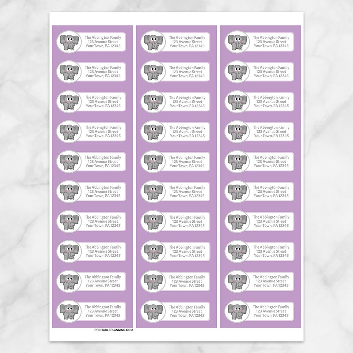 Printable Elephant Address Labels, Purple - Cute Elephant Personalized 2 5/8" X 1" Return or ...