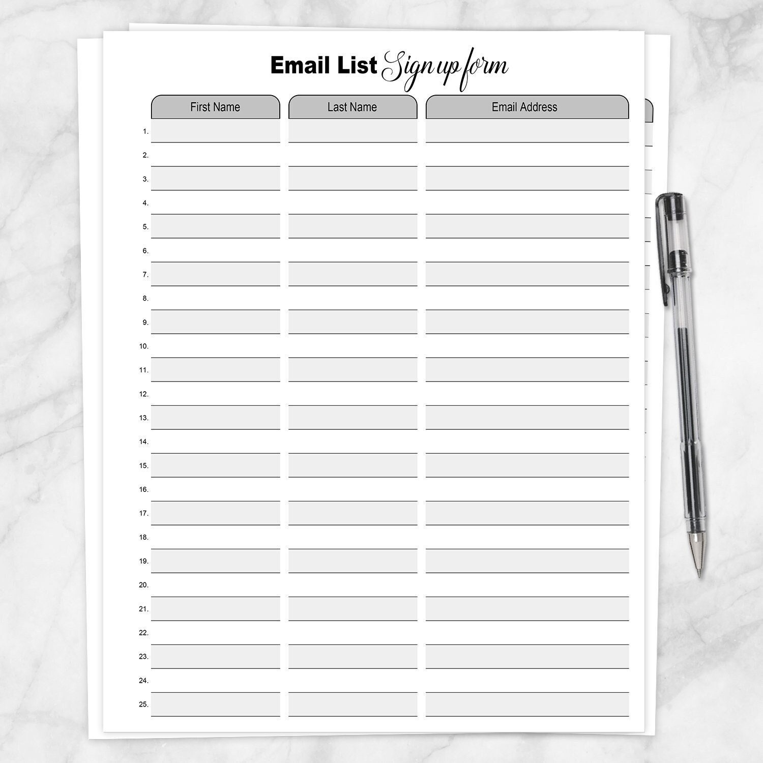 Printable Email List Sign up Form, Universal Form to Collect Email