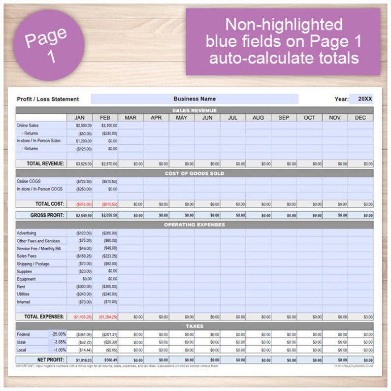 May include: A blue and white profit and loss statement spreadsheet with the title "Profit/Loss Statement" and "Sales Revenue" for the year 20XX. The spreadsheet includes columns for January through December and rows for online sales, in-store sales, returns, total revenue, cost of goods sold, operating expenses, taxes, and net profit.