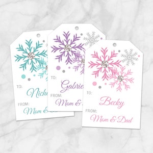 Printable Snowflake Gift Tags in Turquoise Purple Pink - Personalize the Names, Editable PDF - Instant Download
