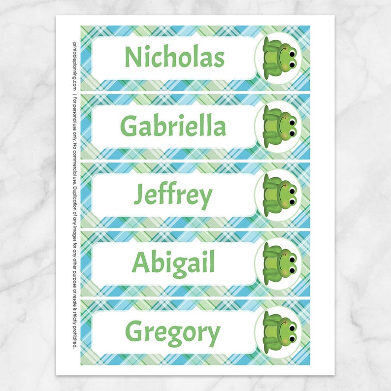 Printable Cute Frog Bookmarks, Personalized, Green Blue Plaid Pattern