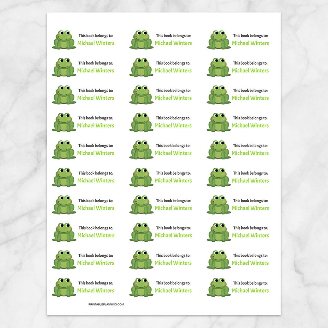 Printable Frog Book Labels Green, Personalized 2 5/8" X 1" Labels