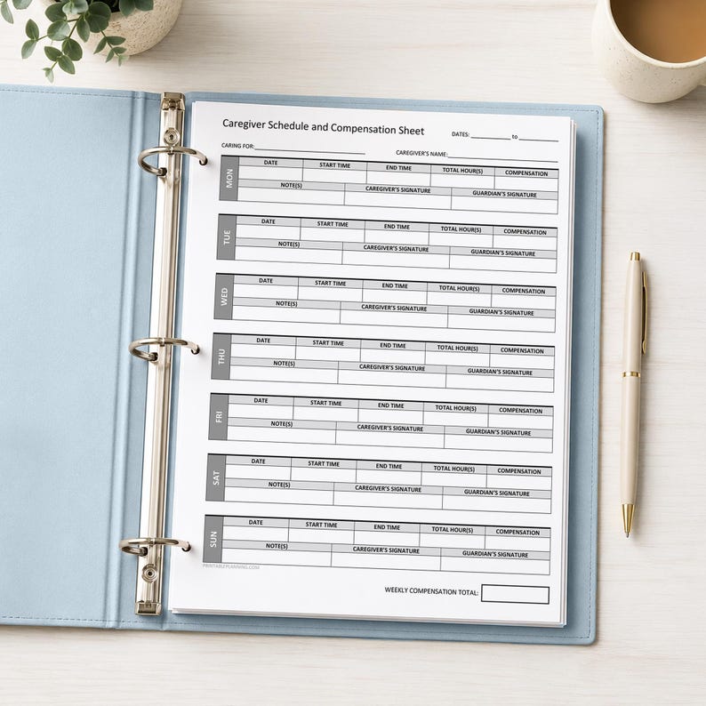 May include: A light blue three-ring binder containing a white Caregiver Schedule and Compensation Sheet. The document features rows for each day of the week with columns for date, start time, end time, total hours, compensation, notes, and signatures.