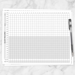 May include: A black and white printable sleep record tracker with a grid layout. The tracker has columns for each day of the month and rows for each hour of the day. The tracker includes space for recording day and night sleep totals.