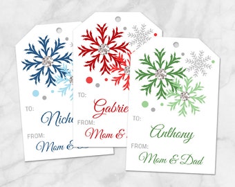 Printable Snowflake Gift Tags - Personalized - 3 colors - Blue Red Green with Gray - Personalize the Names - Editable PDF