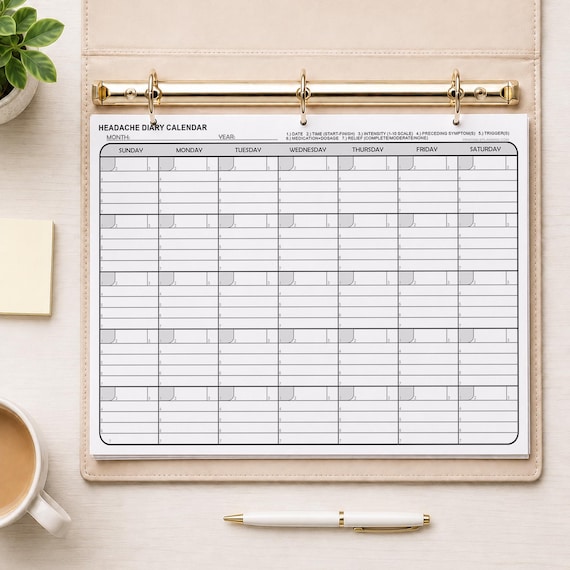 Migraine Tracker Printable, Headache Diary Calendar PDF, Monthly Log (Digital Download)