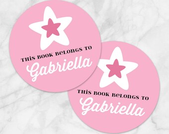 Printable Pink Bookplate Stickers, Personalized Star design, Editable PDF 2" round stickers - Instant Download