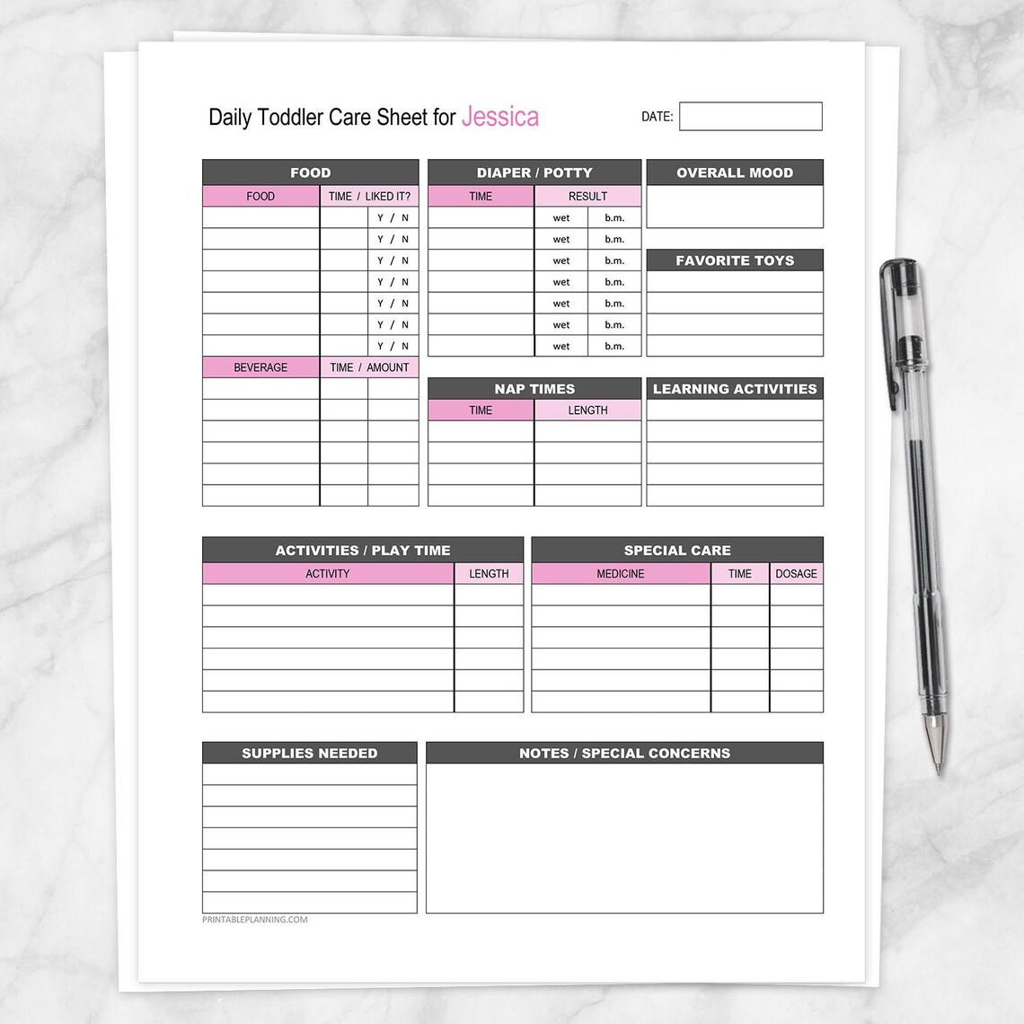Personalized Printable Nanny Log Daily TODDLER Care Sheet - Etsy