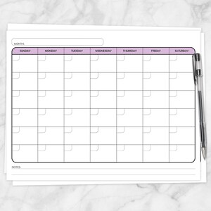 Printable Purple Blank Calendar, Monthly Full Pages PDF - Purple colored days of the week - Instant Download