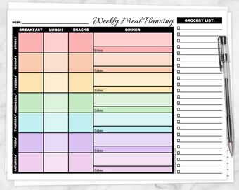 Printable Weekly Meal Planning Page with Grocery List, colorful rainbow weekly meal planner - Instant Download